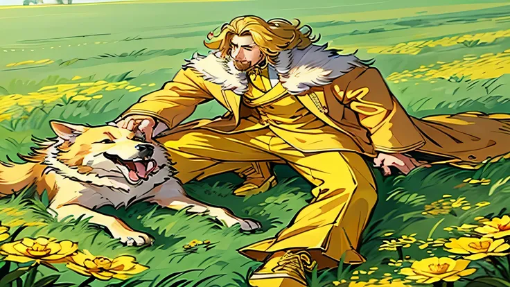 Draw a man who is a king along with a dog with golden fur and yellow shoes on a field of grass and phosphorescent yellow flowers. 