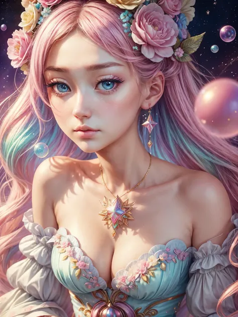 ((masutepiece)). This artwork is sweet, dreamy and ethereal, Soft pink watercolor shades and many glamorous cotton candy accents. Generate and explore delicate and discreet English fairies (A world of bubblegum in a wide variety of pastel colors). Her swee...