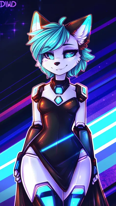 by Dimwitdog, solo, uploaded the e621, detailed portrait of a robotic female anthropomorphic fox, cyan eyes, black sclera, holographic cyan hair, Metallic body, black dress, zenematic lighting, Solo, standing, smug smile, (half-closed eyes), looking at the...