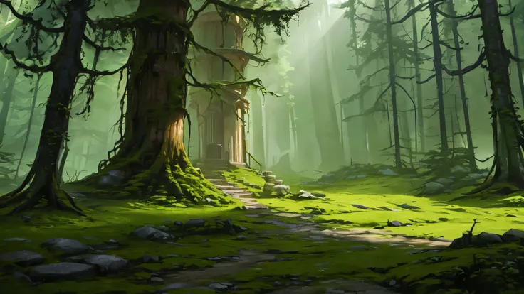 visual novel background, ancient stone tower covered in moss, stone tower standing in a lush verdant green forest, forest of ruins, sunlight filtering through trees, extremely detailed