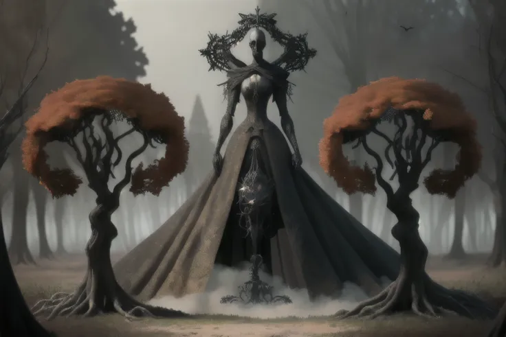 high resolution Ultra HD, Futurism style mixed with Gothic Art. Um Deus da Morte com semblante de caveira e olhos vermelhos, in a cursed forest of withered and gnarled trees, with a mist in the background. A scene of melancholy and loneliness in a world th...