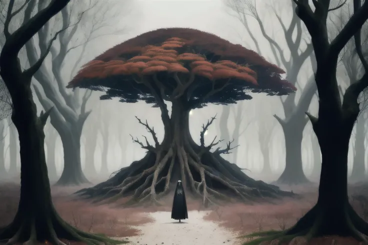 high resolution Ultra HD, Futurism style mixed with Gothic Art. Um Deus da Morte com semblante de caveira e olhos vermelhos, in a cursed forest of withered and gnarled trees, with a mist in the background. A scene of melancholy and loneliness in a world th...