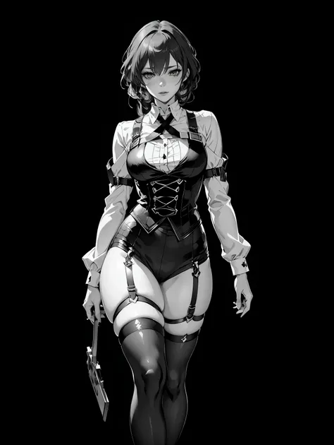 (best quality, 4k), (ultra details ayes), epic realistic, Kafka character, honkai star rail , stocking suspenders, anime style, vintage, (black monochrome background) best form, details, walking