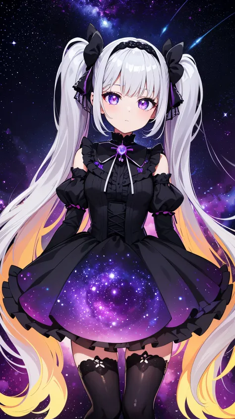  Walk towards the honey portal, radiant energy, UFO and stars in the sky, cosmic nebula, electric hue, Colorful but dark, Abstract interpretation, A psychedelic girl draws in the mind of the Angel of Death. gothic lolita fashion. Twintail Silver Hair. crea...