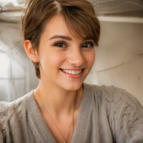 smiling woman with short brown hair and a gray sweater, linda sonrisa ligeramente nerd, foto de perfil en la cabeza, short brown hair and big eyes, hermosa y sonriente, foto de perfil, foto de mujer joven, a little awkward smile