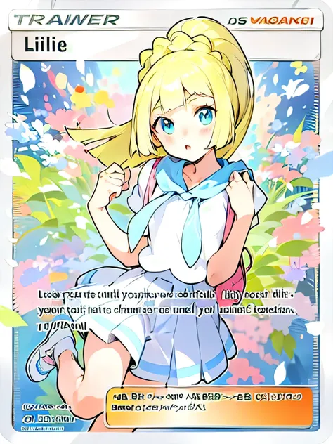 Lillie, blonde haired girl with manga features, Artistic manga style colors. Clothing wrinkles are clearly visible