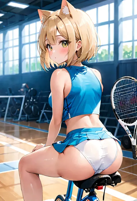 Girl sitting on a cycle saddle in the gym, tennis wear, skirt, white panties, butt, think back,embarrassed look、blush、
(Cat ear)、Bob Cut Blonde Hair、soft body