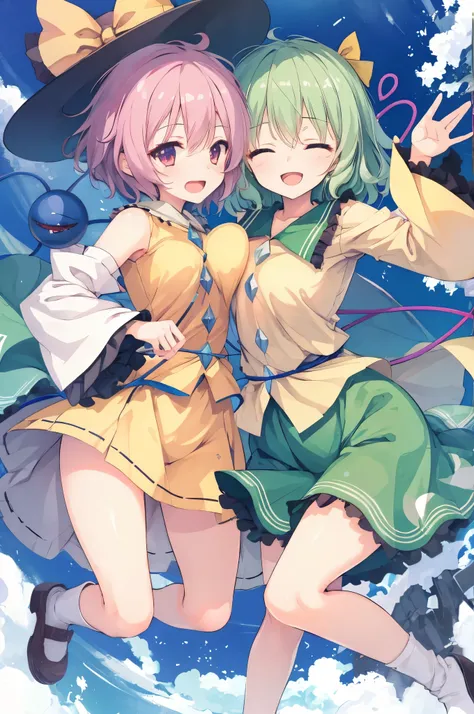 two girls,komeiji koishi,satori komeiji,touhou project,hug,smile with open mouth,,curvaceous,one girls,top image quality,masterp...