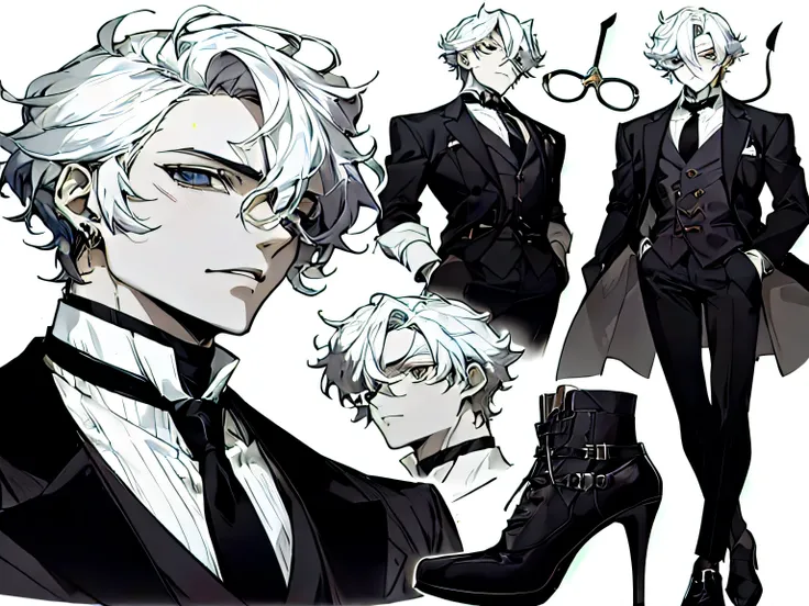 anime Design de personagem of a man in a suit and tie, male Design de personagem, delicate androgynous prince, handsome androgynous prince, anime Design de personagem, handsome guy in demon slayer art, elegant dream demon, arte de personagem masculino huma...