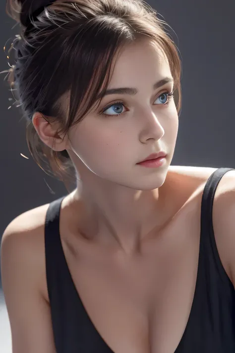 Tight black top:1.2, looking at the audience, Cinema lighting, perfect, soft light, High resolution skin:1.2, Realistic skin texture, 18 years old、a small face、No makeup，Off the shoulders，Bust C cup、blue eyes, bun, dark brown hair、Completely naked、gray bac...