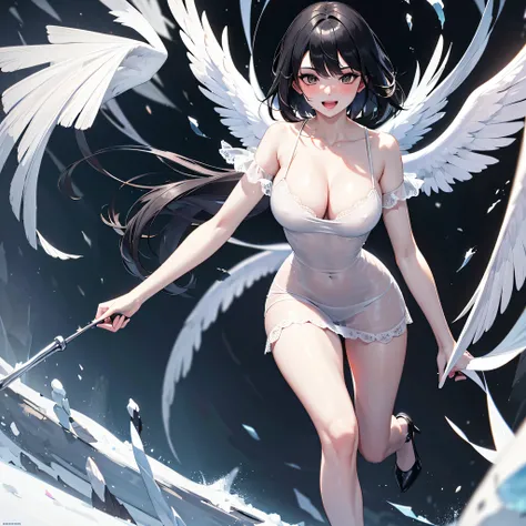(1 seraphim girl standing on peak of frozen snowy mountain) higher than overcast, blowing frozen wind, (solo), swinging back, multiple wings, (she has 12 wings on her back), (6 white wings:1.5) and (6 black wings:1.5), BREAK, (wearing nothing without a lac...
