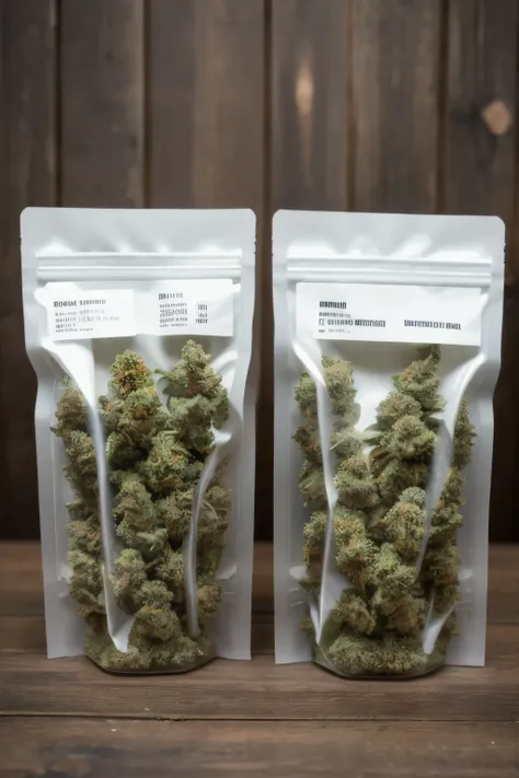 Cannabis flowers packaged in silicone plastic bags with the genetic name, THC percentage and THC warning label.