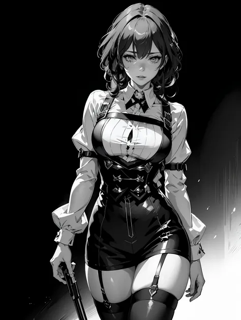 (best quality, 4k), (ultra details ayes), epic realistic, Kafka character, honkai star rail , stocking suspenders, anime style, vintage, (black monochrome background) best form, details, walking