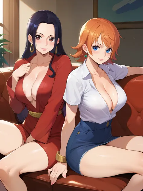 score_9, score_8_up, score_7_up, score_6_up, source_anime, BREAK by ikuchan kaoru, iku, clean color, flat color, sitting, indoors, presenting breasts, couch, clothed, ((2girls)), one piece, BREAK, nami (brown eyes, orange hair), boa hancock (blue eyes, bla...