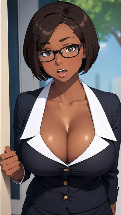 solo, female, woman, dark skin, big glossy lips, dark brown hair, short hair, big glasses, office uniform, cleavage, surprised, ...