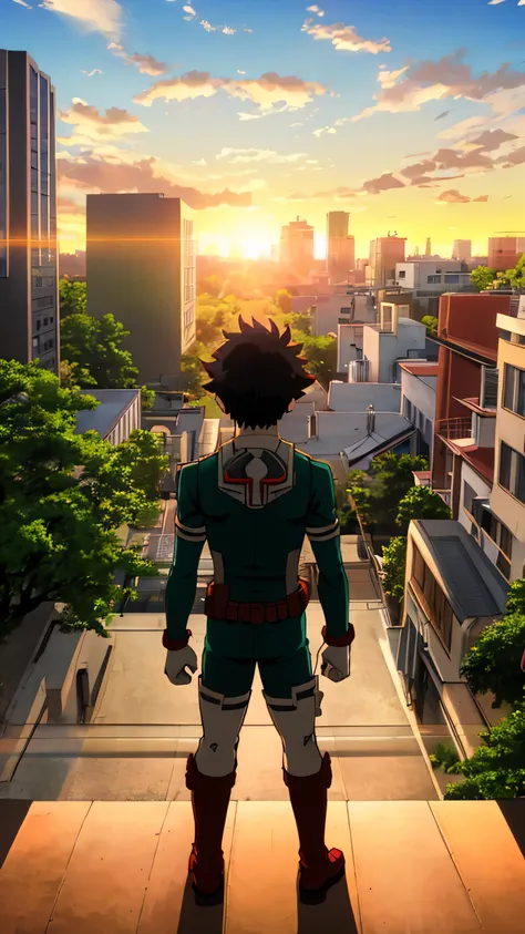 deku waring his costume standing and looking at the beautiful sunset. the sun is shining bright, beautiful city, there is also s...