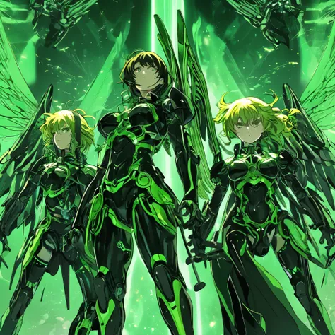 iron angels in green and black, anime style, key visual, vibrant, studio anime, highly detailed"