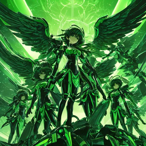 iron angels in green and black, anime style, key visual, vibrant, studio anime, highly detailed"
