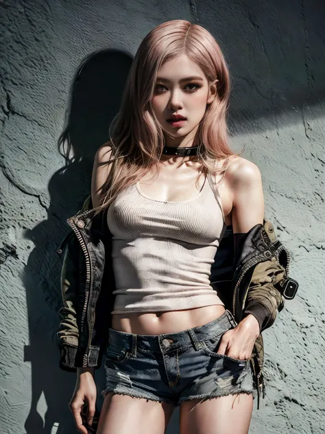 ((medium breast, tomboy girls, small head)), daylight, sunlight,(perfect body : 1.1), (wavy hair : 1.2) , pink hair, collar, chain, full body shot, crowded street, wearing black tanktop, jeans jacket, ((shorts)), (extremely detailed CG 8k wallpaper), (an e...