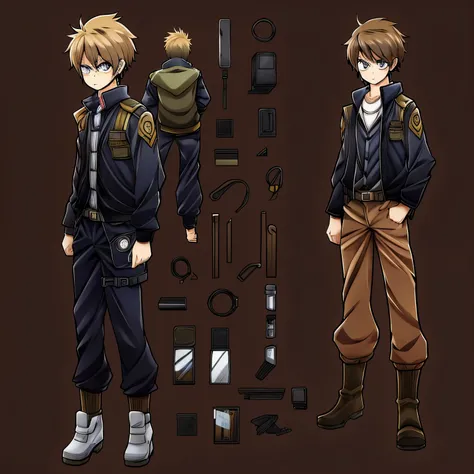 12 year old male character with clothes for an adventure for shonen anime