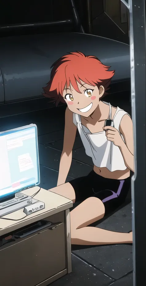 Edward, 1girl, solo, looking at viewer, blush stickers, flat chest, tank top, goggles, stomach, black bike shorts, big grin smile, legs folded, typing, computer, on floor, glowing light, perfect quality, good quality, masterpiece, HDR, UHD 