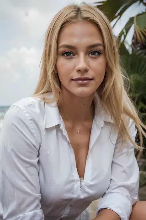 (((blond))), Beautiful woman, ((25 Jahre alt)), ((tanned)), Allein, Full body, Ohrringe, Wimpern, Strumpfhose,, (Strand,(Palme),Menge,(White shirt), Blumenmuster, (rote Lippen), Sexy moody smile, (shiny skin:1.05),(blush:0.9),(Zahnung der Haut:1.15),realis...