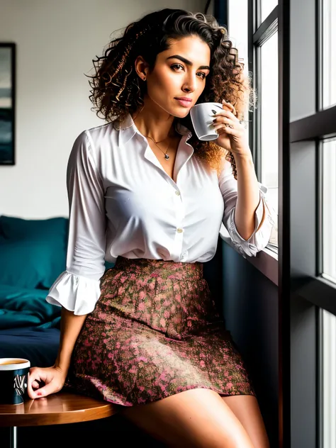 woman with curly hair wearing a skirt and blouse with detallado seductive alluring eyes in a modern bedroom, obra maestra de mejor calidad, Fotorrealista, detallado, 8K, HDR, poca profundidad de campo, luz amplia, alto contraste, contraluz, bloom, destello...