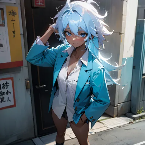 1female , Japanese academic uniform ,Blue Blazer,Unbuttoned Collared Shirt, Pale Blue Hair,long Hair , Dark Skin , Messy Hair , Happy Expression , Standing on Sidewalk