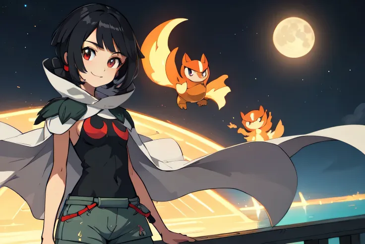 zinnia \(pokemon\) , red eyes, grey shorts, black shirt, sleeveless, cape, nightsky , guard rail ,moon,   best quality, (extreme...