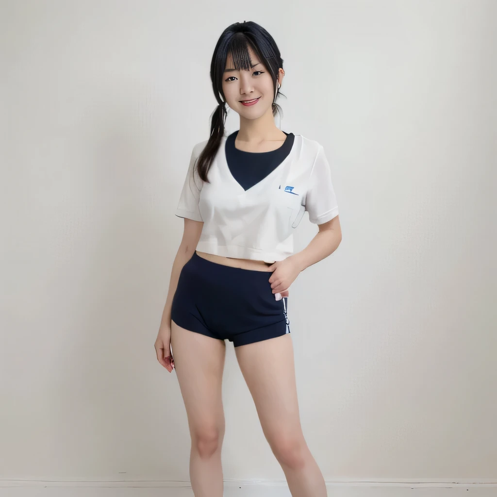 (white tightＴshirt)),((Navy blue bloomers)) 、huge breasts、ponytail, japanese girl, 8K, ((full body shot))， highest quality, masterpiece, realistic, Photorealistic super detail, one girl, cute, best smile, beautiful eyes, long hair, perfect face,full body s...