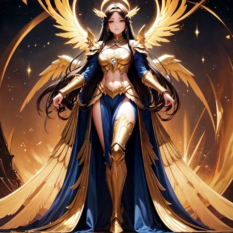 best quality, extremely beautiful, beautiful face, angel woman, four huges golden wing, revealing armor with open front skirt, v...