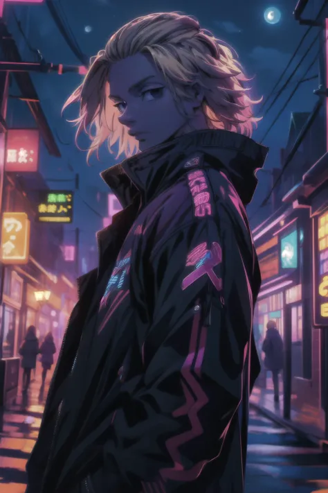 depth of field, sharp detail, best quality, looking at viewer, 1boy, solo, male focus, manjirou_sano, blonde hair, black eyes,purple jaket,neon jaket,glwo jaket,old town,night time,moon rise ,Mikey