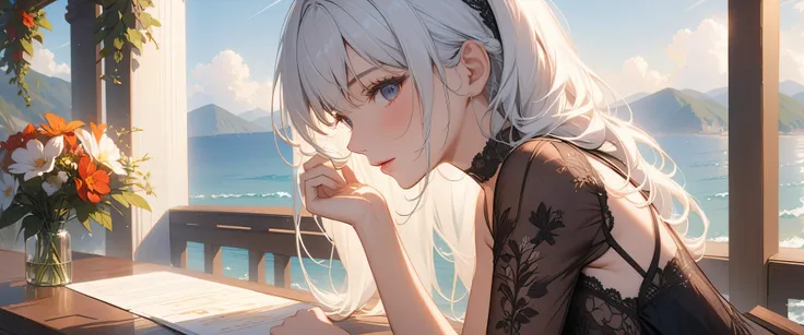 masterpiece, top quality, Super details, 8K, detail light, Detailed shadows, raw, (Delicate skin), (real: 1.2),, 1 girl, white hair, Black sexy transparent dress,bar