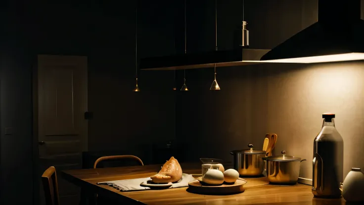 kitchen table with cooked chicken, one glass of milk and 2 boiled eggs on, dark cinematic scene light