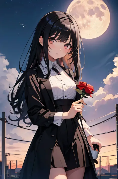 a black hair girl holding a rose. moon in the background