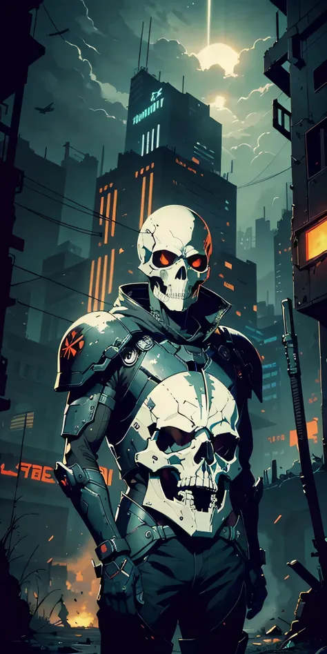 A post-apocalyptic warrior with a skull mask and skeleton body, equipped with a high-tech mech suit. The warrior is a master of cybertech, blending human and machine into a formidable force. The mech suit is sleek and futuristic, with advanced weapons and ...