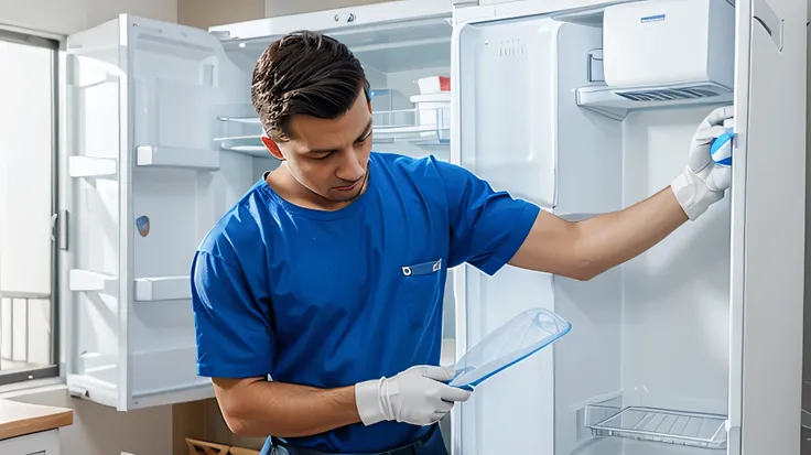 make a man tidying up a white refrigerator, wearing a blue work shirt called electrofrio