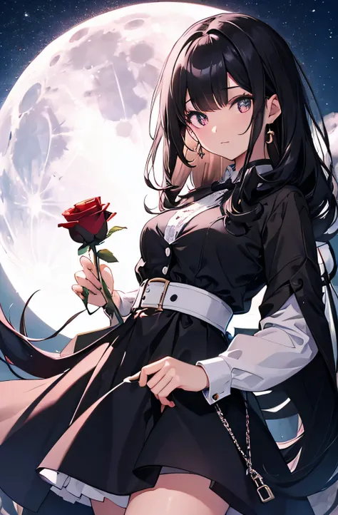 a black hair girl holding a rose. moon in the background