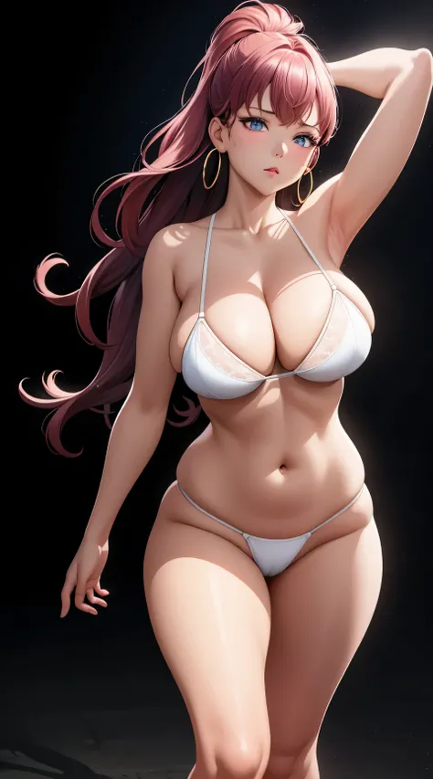 (best quality:1.5, highres, UHD, 4K, detailed lighting, shaders), white curly haired, gradient hair, big breasts, white bra, big thighs,  big butt, white string, mature woman , (pov), black background, colorful eyeshadow, dramatic lighting, sparkling eyes,...