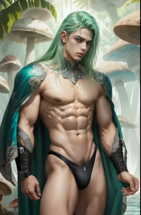 (obra de arte, Melhor qualidade), homem,  usando micro tanga,  tanga transparente , mushroom water world, wide angle, athletic body, Macho, pele iridescente, peito achatado, olhos prateados, cabelo verde penteado em pontas, determinate expression, biolumin...