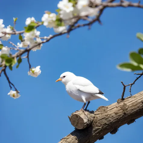 fluffy little white bird、cute round black eyes、facing forward、A small triangular black beak、tilting the head、perched on a twig、deep blue sky、