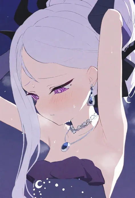 hina,1girl,solo,ponytail,elbow gloves,purple dress,black gloves,black dress,strapless dress,earrings,necklace,alternate costume,shoulder,upper body, sweating,steam,blush, flipped hair,armpit