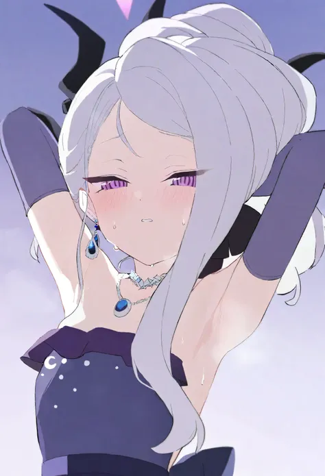 hina,1girl,solo,ponytail,elbow gloves,purple dress,black gloves,black dress,strapless dress,earrings,necklace,alternate costume,shoulder,upper body, sweating,steam,blush, flipped hair,armpit