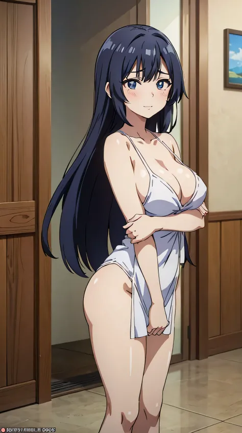 (((masterpiece))),fuyumi itadori, Anime girl characters, 1girl, solo, looking at viewer, medium hair, cleavage, closed mouth, collarbone,Naked, tall girl, horny, big ass, beautiful face,Charming,  anime visual of a cute girl, screenshot from the anime film...