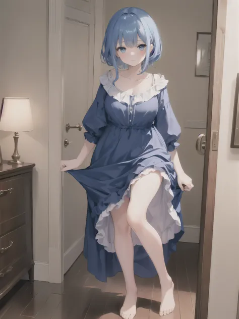 ((Best Quality, 8K, Masterpiece: 1.3)),1 girl, mature and charming woman, blue hair, coming out of the bathroom, feet,dress,Dripping hair, getting dressed,room,Red knot,