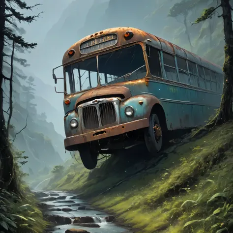 Amidst a torrential downpour when raindrops fell like tears from the heavens and a thick fog blanketed the landscape in a mysterious shroud the photograph reveals a weathered and decrepit bus its paint peeling and rust creeping along its battered body 

Pe...