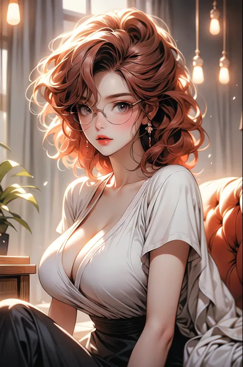 A photo of a young, nerdy woman sitting in a caf, wearing a white shirt and a bow, surrounded by a cozy atmosphere, looking at the viewer.
short red hair, slender, red lips, transparent fabric, flirting with the camera, Huge breasts, CLeavage, massive sagg...