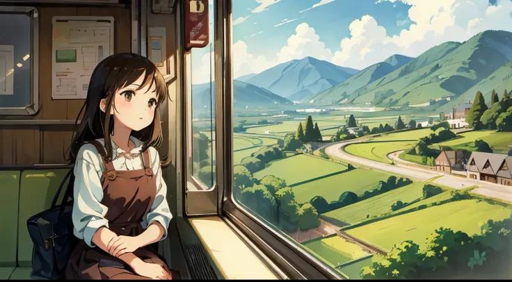 beautiful girl　cute　１generation 0　i am on a train　looking out the window　ghibli-like illustrations