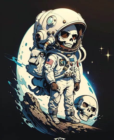 (best quality,highres:1.2, vector style, sticker: 1.6, cool), an astronaut, surrealist art, amazing, spaceman, skull face, octopus helmet, 