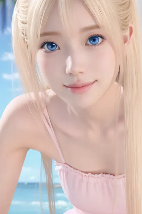 mary rose、blond、half-length photo、((cute pink dress))、very beautiful swedish 16 year old pretty girl、shiny skin、white skinned、a ...